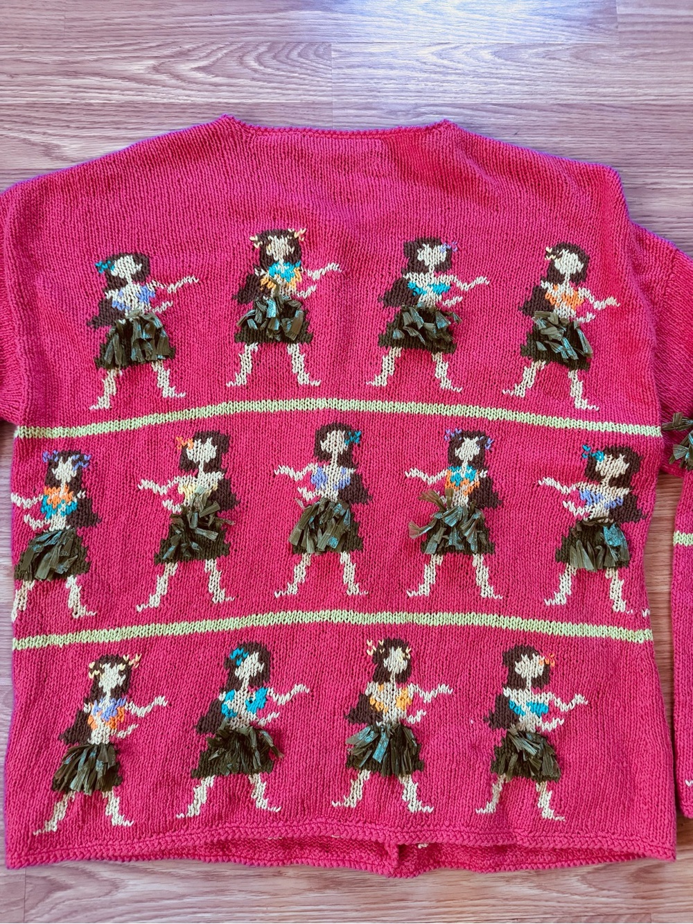 Vintage 90s Cotton Linen David Brooks Hula Dancer Girl Cardigan Sweater Pink XL - Picture 7 of 7